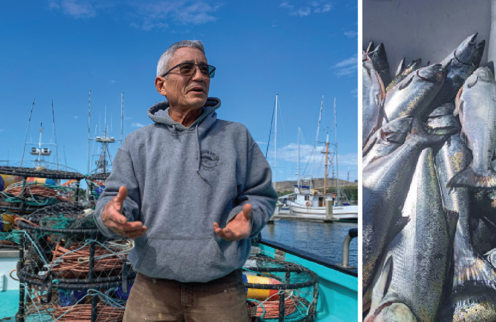 Dick Ogg holding a California King salmon aboard his fishing boat