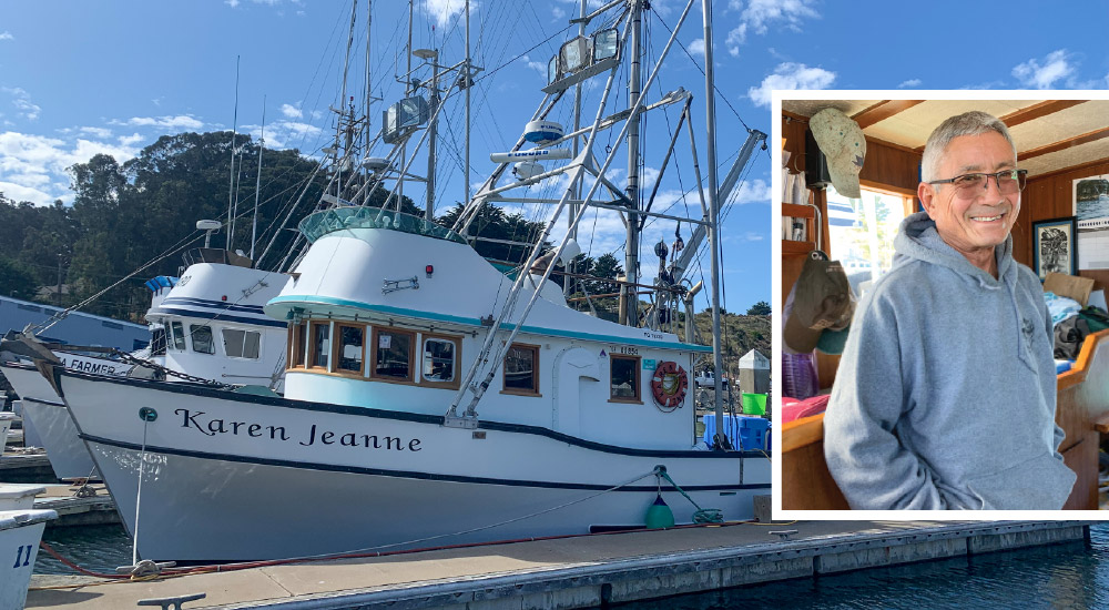 Dick Ogg standing aboard the F/V Karen Jeanne fishing boat