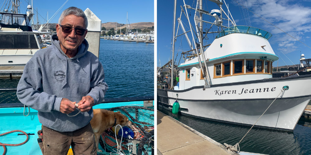 Dick Ogg standing aboard his commercial fishing boat in Bodega Bay