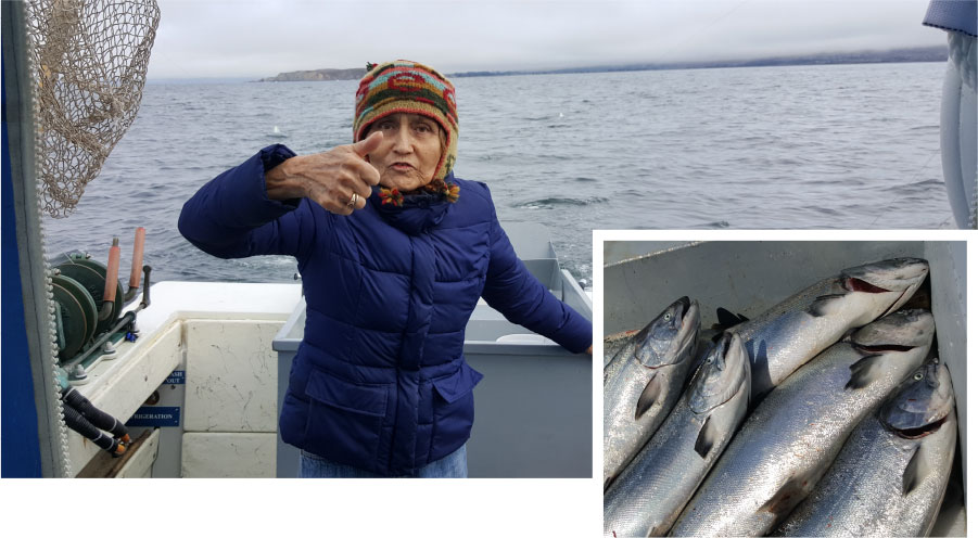 Brent with a seal, Brent's boat, Brent's mother with a thumbs up and fish