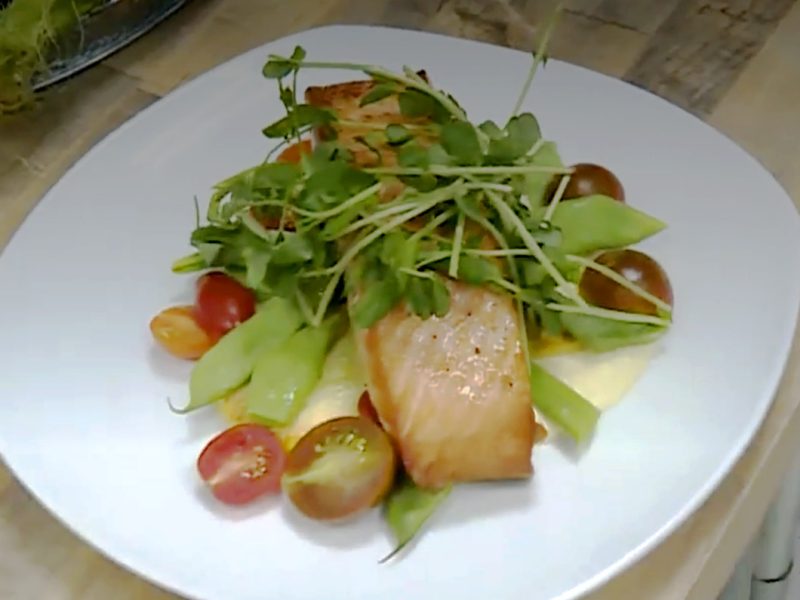 pan seared California King salmon with corn puree and summer vegetables