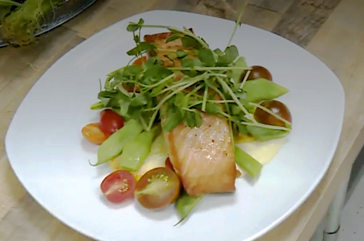 pan seared California King salmon with corn puree and summer vegetables