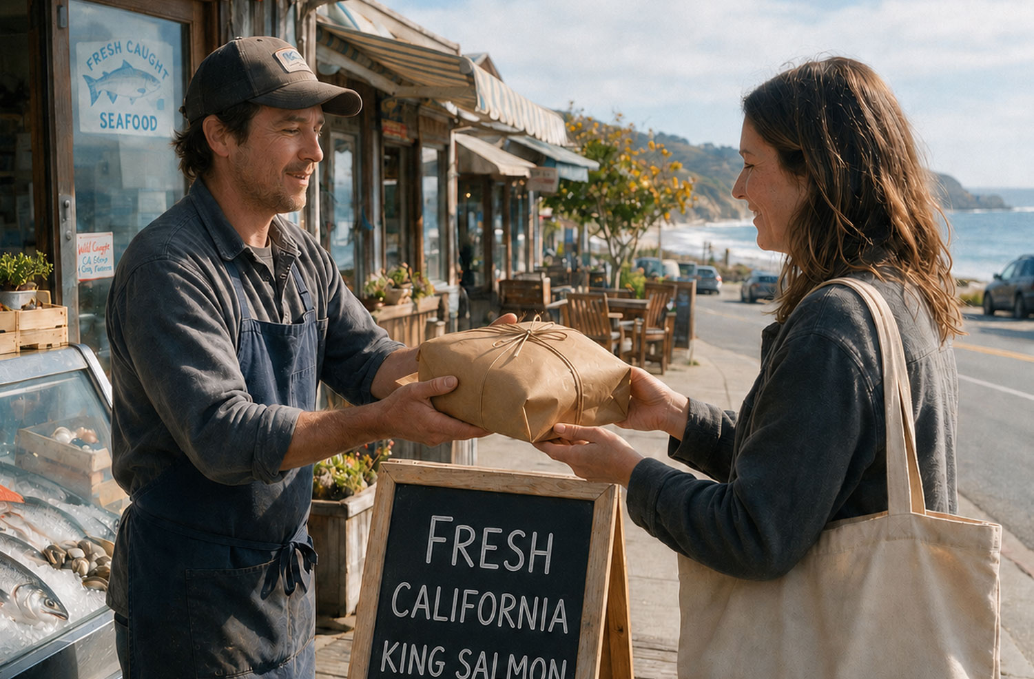 woman and man in front of a fish market