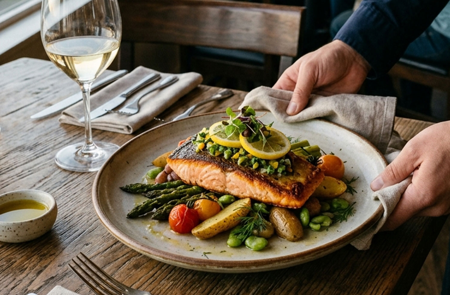server setting down a plate of cooked salmon and vegetables on a wood table