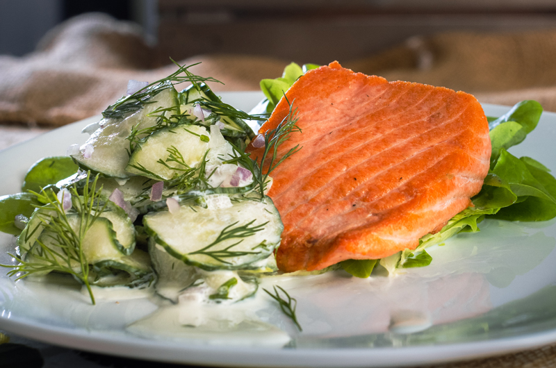 Pan Seared Salmon with Cucumbers and Crème Fraîche