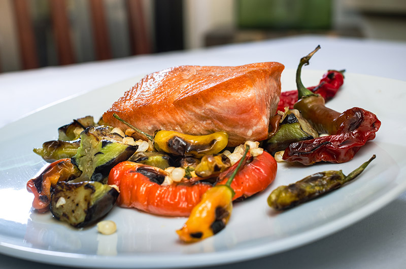 Pan Seared Salmon with Corn Eggplant and Peppers