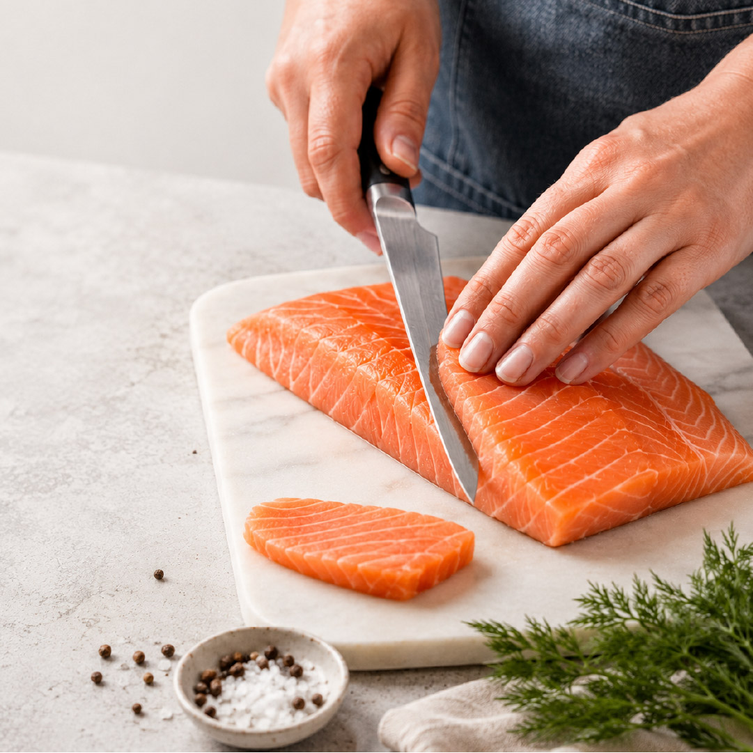carefully cutting California King salmon with a sharp knife