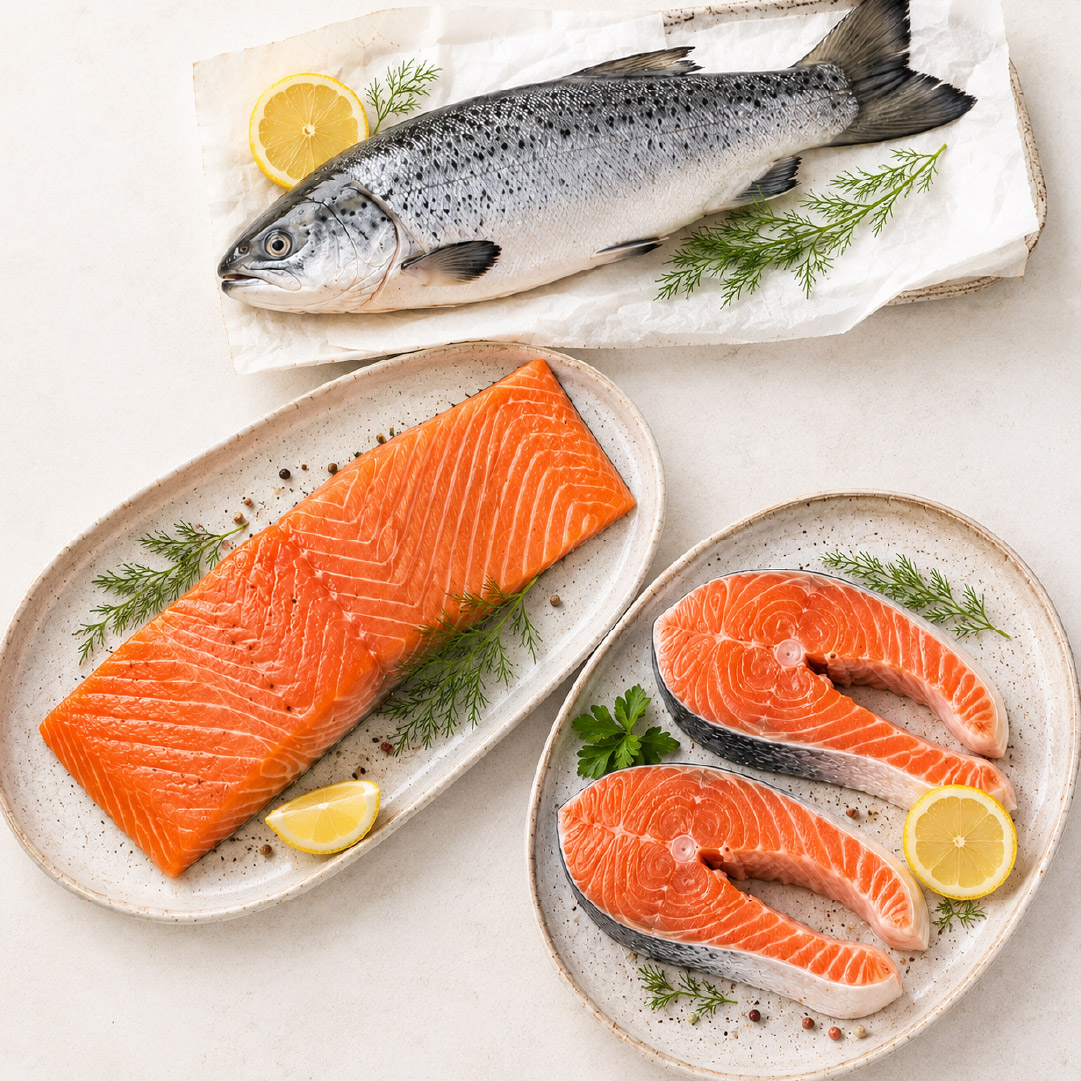 salmon whole, filet, and steak