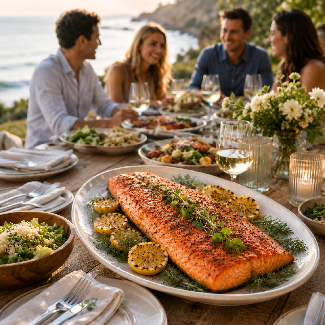 a group of friends sitting around a table with salmon on a plate in the center