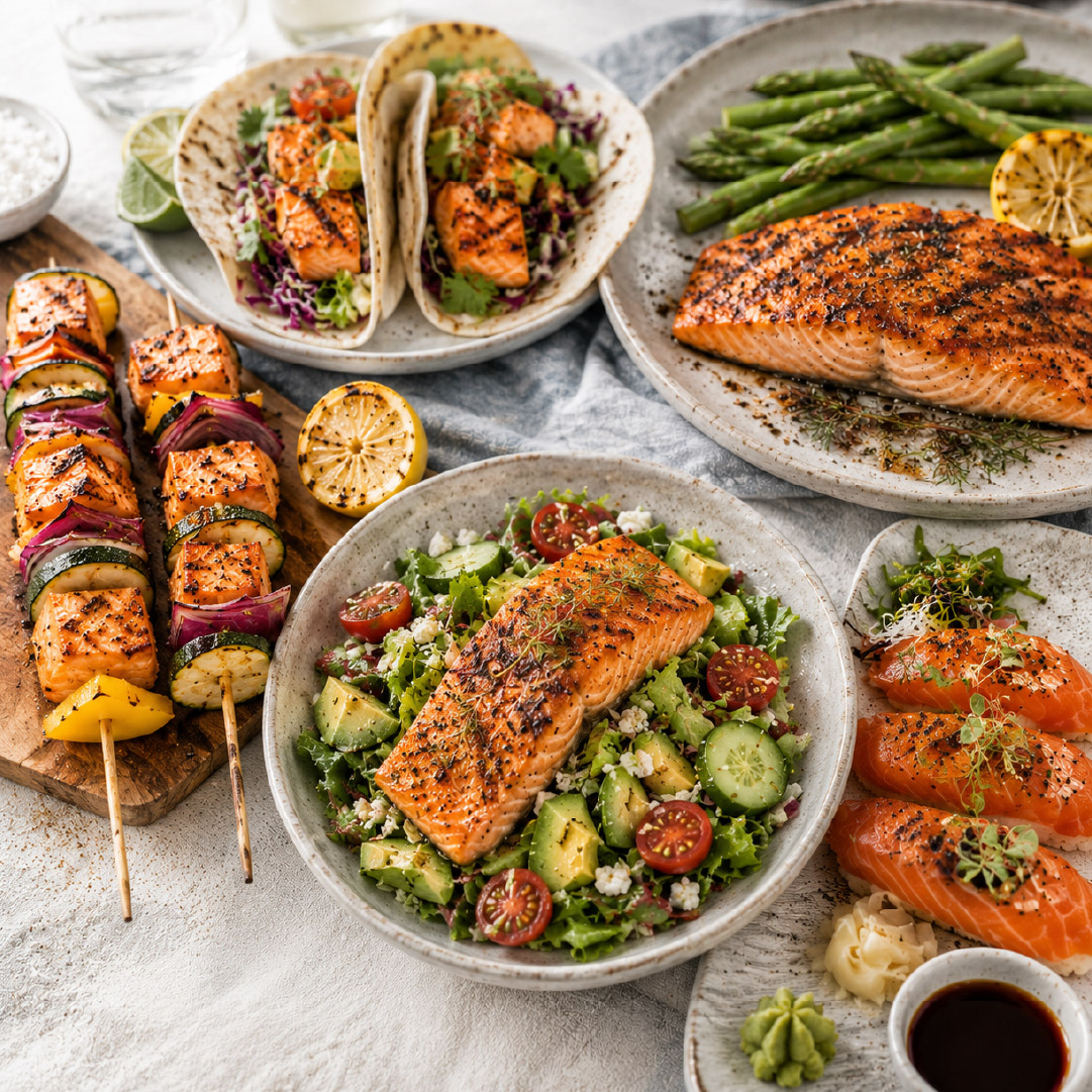 salmon kebabs, salmon salad, salmon tacos