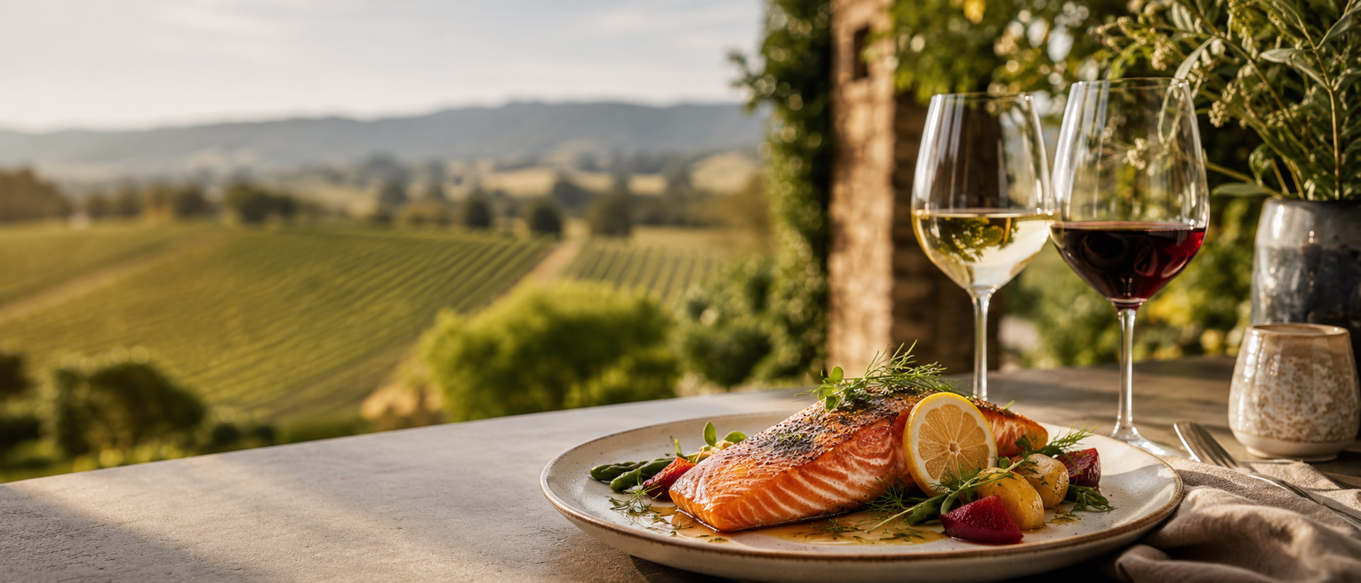 wine-pairing-hero2 wine glasses next to a plate of salmon overlooking a vineyard